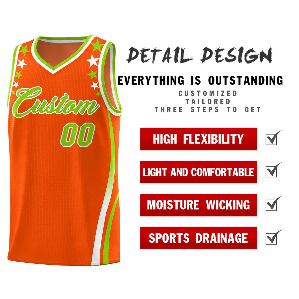 Custom Orange Shoulders Star Pattern Side Color Block Sports Uniform Basketball Kits