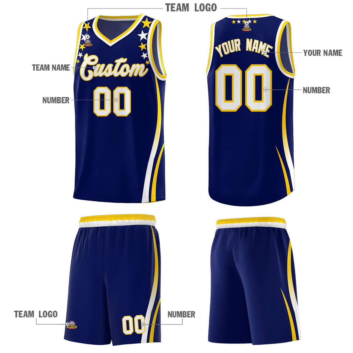 Custom Navy Shoulders Star Pattern Side Color Block Sports Uniform Basketball Kits