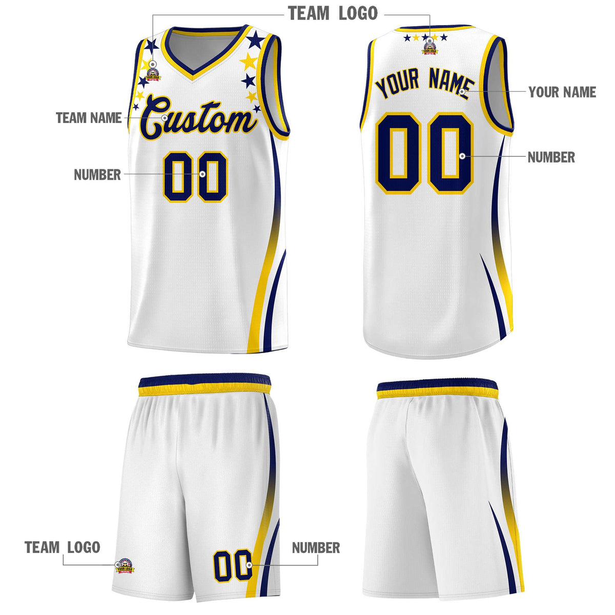 Custom White Shoulders Star Pattern Side Color Block Sports Uniform Basketball Kits