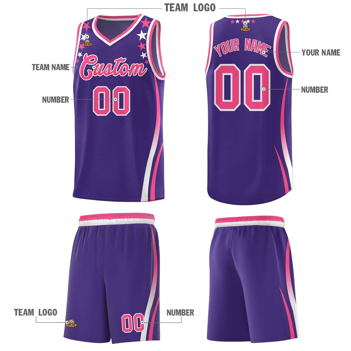 Custom Purple Shoulders Star Pattern Side Color Block Sports Uniform Basketball Kits
