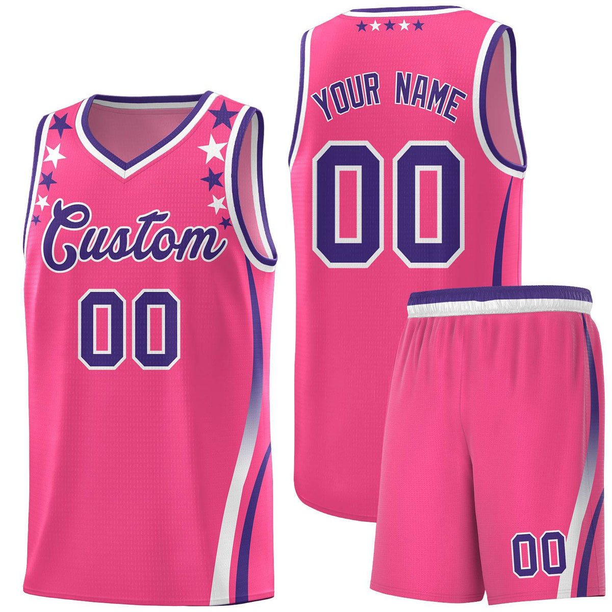 Custom Pink Shoulders Star Pattern Side Color Block Sports Uniform Basketball Kits