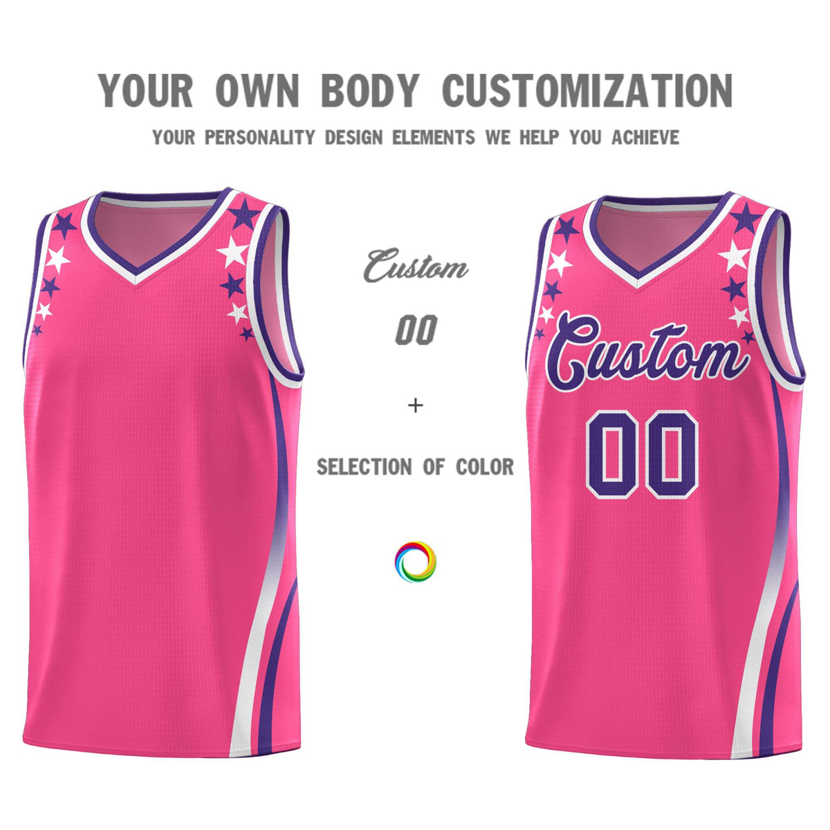 Custom Pink Shoulders Star Pattern Side Color Block Sports Uniform Basketball Kits