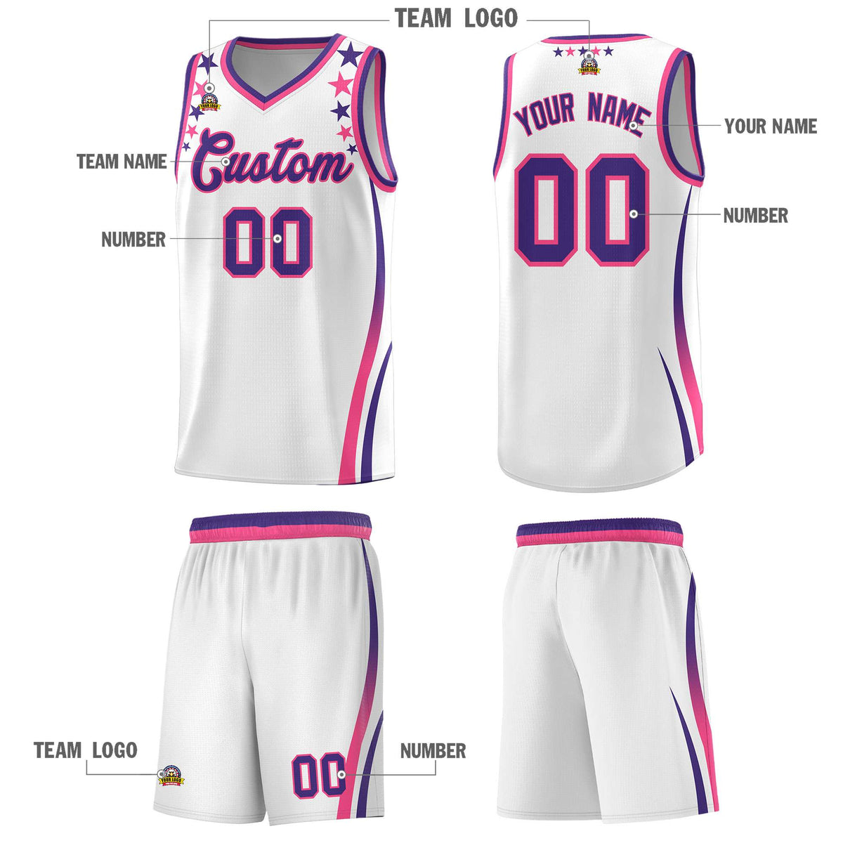 Custom White Shoulders Star Pattern Side Color Block Sports Uniform Basketball Kits