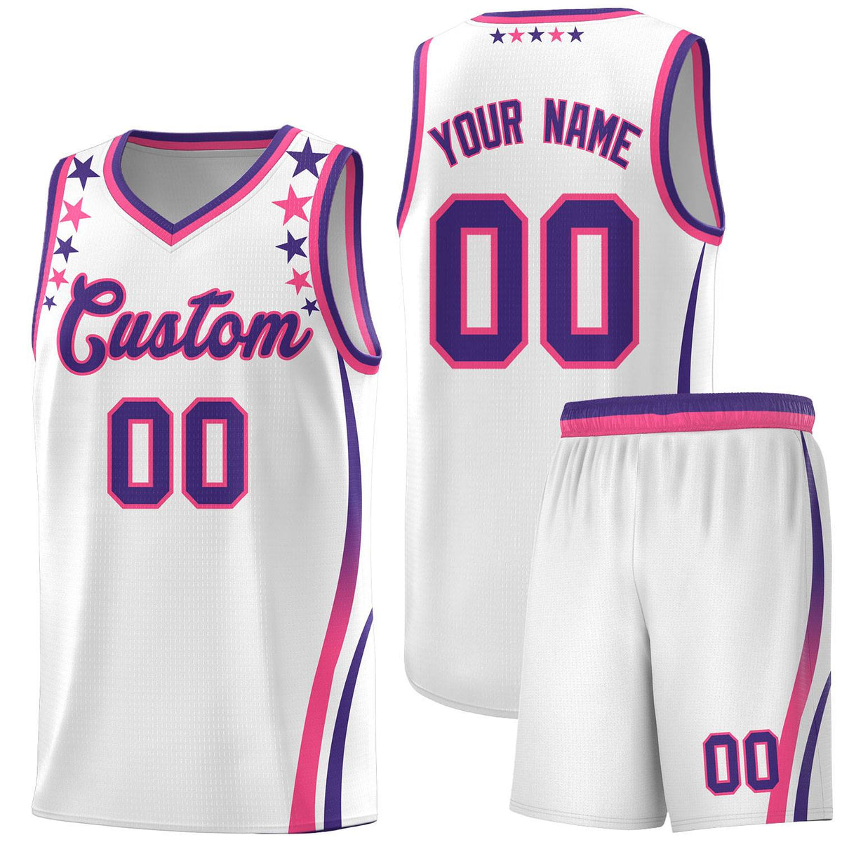 Custom White Shoulders Star Pattern Side Color Block Sports Uniform Basketball Kits