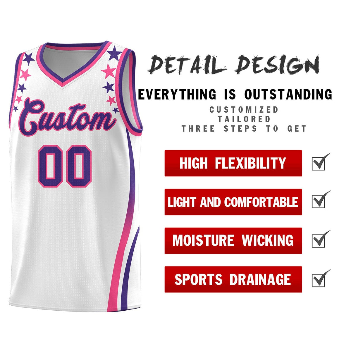 Custom White Shoulders Star Pattern Side Color Block Sports Uniform Basketball Kits