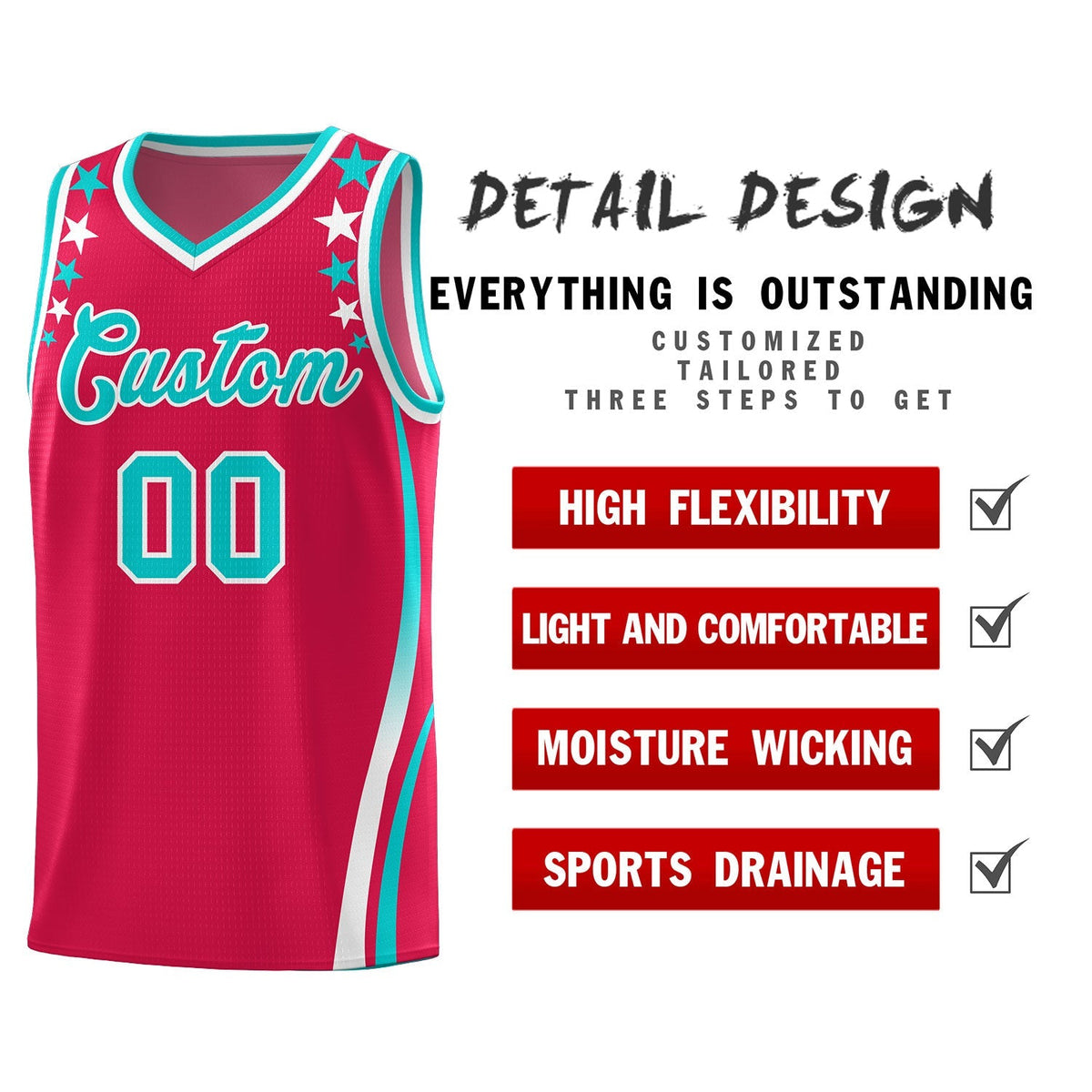 Custom Red Shoulders Star Pattern Side Color Block Sports Uniform Basketball Kits