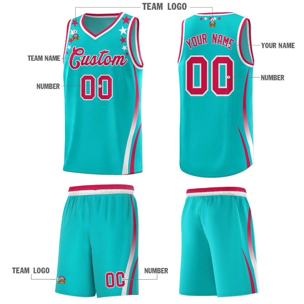 Custom Sky Blue Shoulders Star Pattern Side Color Block Sports Uniform Basketball Kits