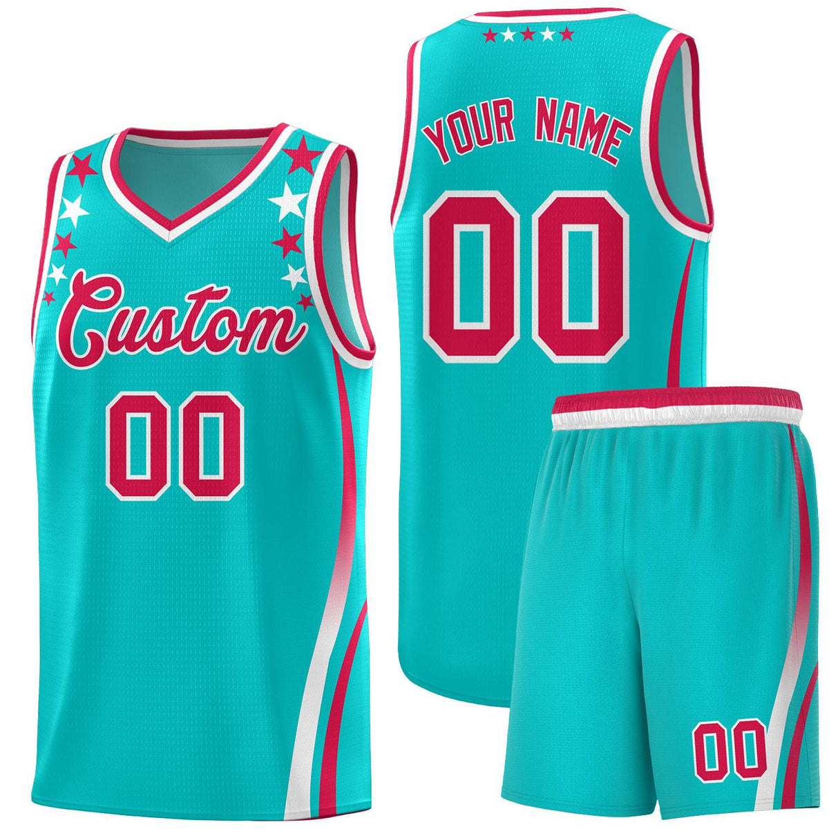 Custom Sky Blue Shoulders Star Pattern Side Color Block Sports Uniform Basketball Kits