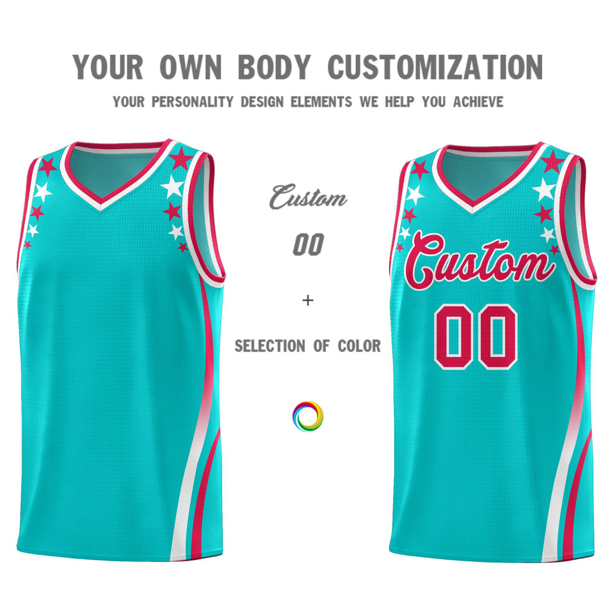 Custom Sky Blue Shoulders Star Pattern Side Color Block Sports Uniform Basketball Kits