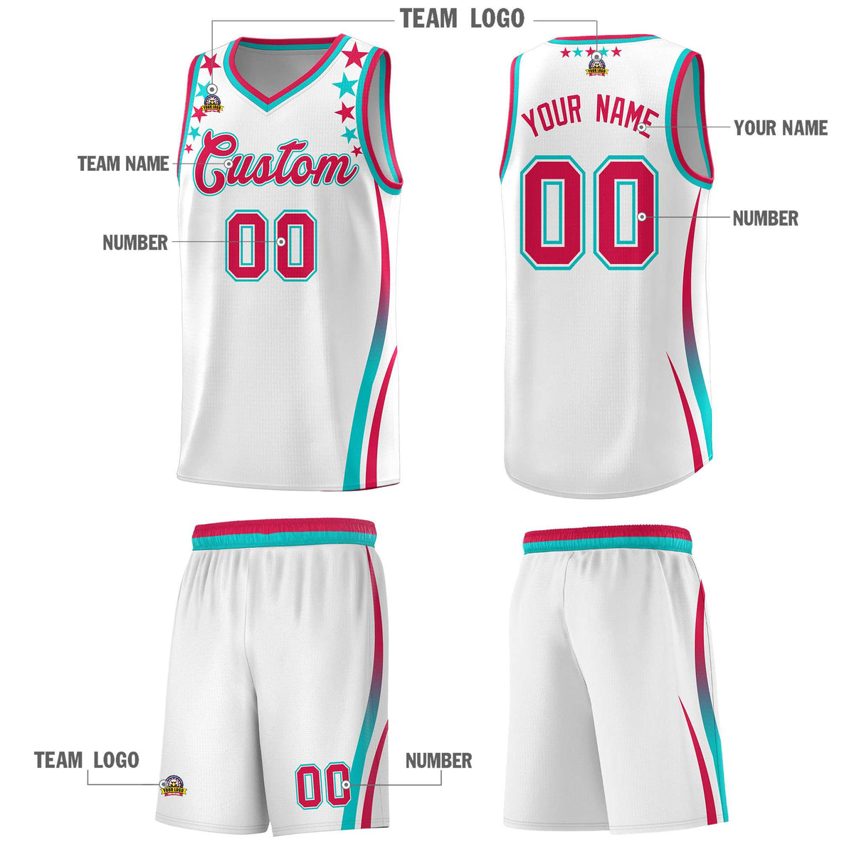 Custom White Shoulders Star Pattern Side Color Block Sports Uniform Basketball Kits