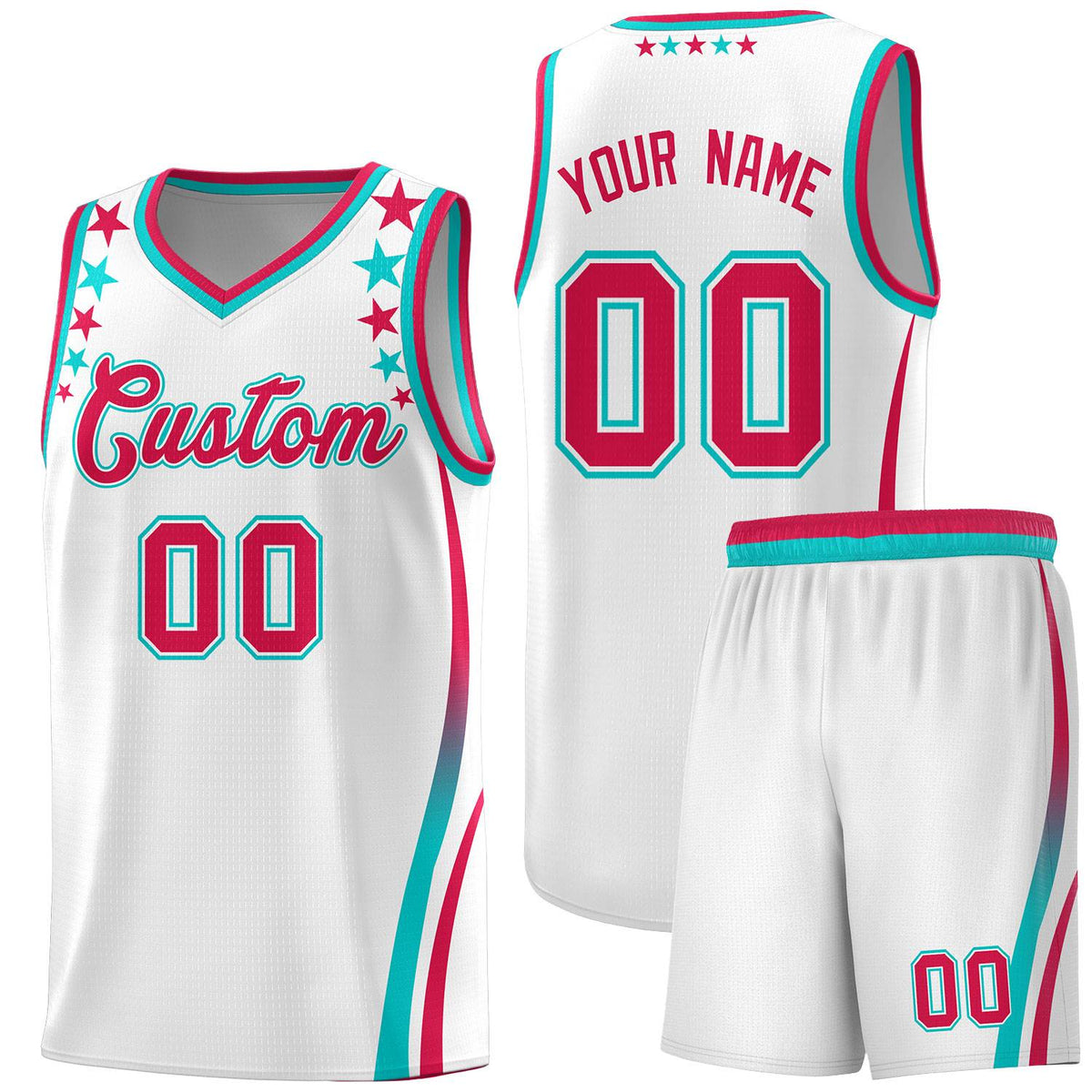 Custom White Shoulders Star Pattern Side Color Block Sports Uniform Basketball Kits
