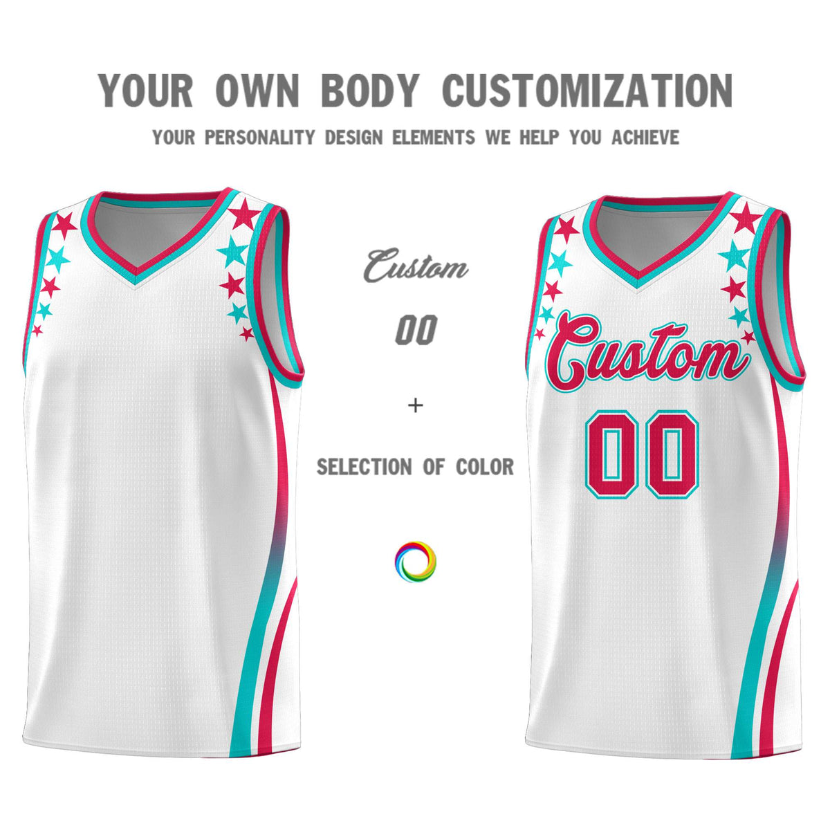 Custom White Shoulders Star Pattern Side Color Block Sports Uniform Basketball Kits