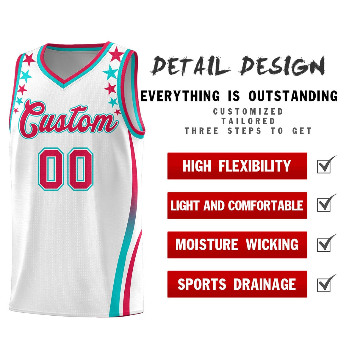 Custom White Shoulders Star Pattern Side Color Block Sports Uniform Basketball Kits