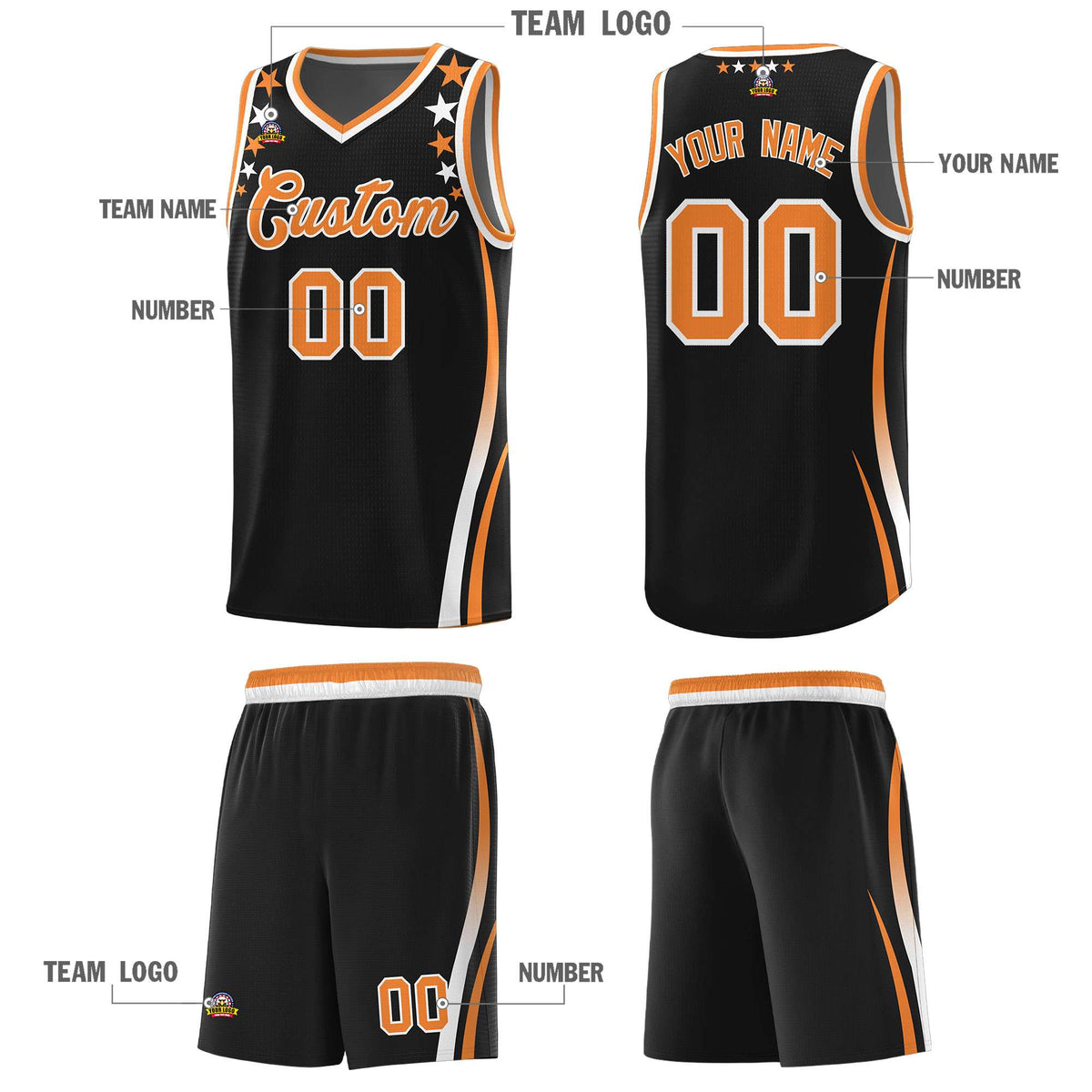 Custom Black Shoulders Star Pattern Side Color Block Sports Uniform Basketball Kits