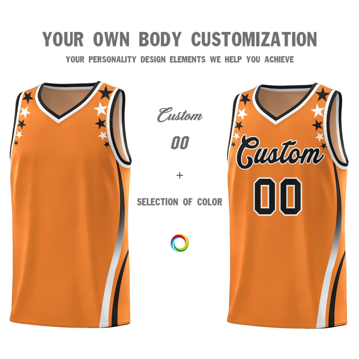 Custom Orange Shoulders Star Pattern Side Color Block Sports Uniform Basketball Kits