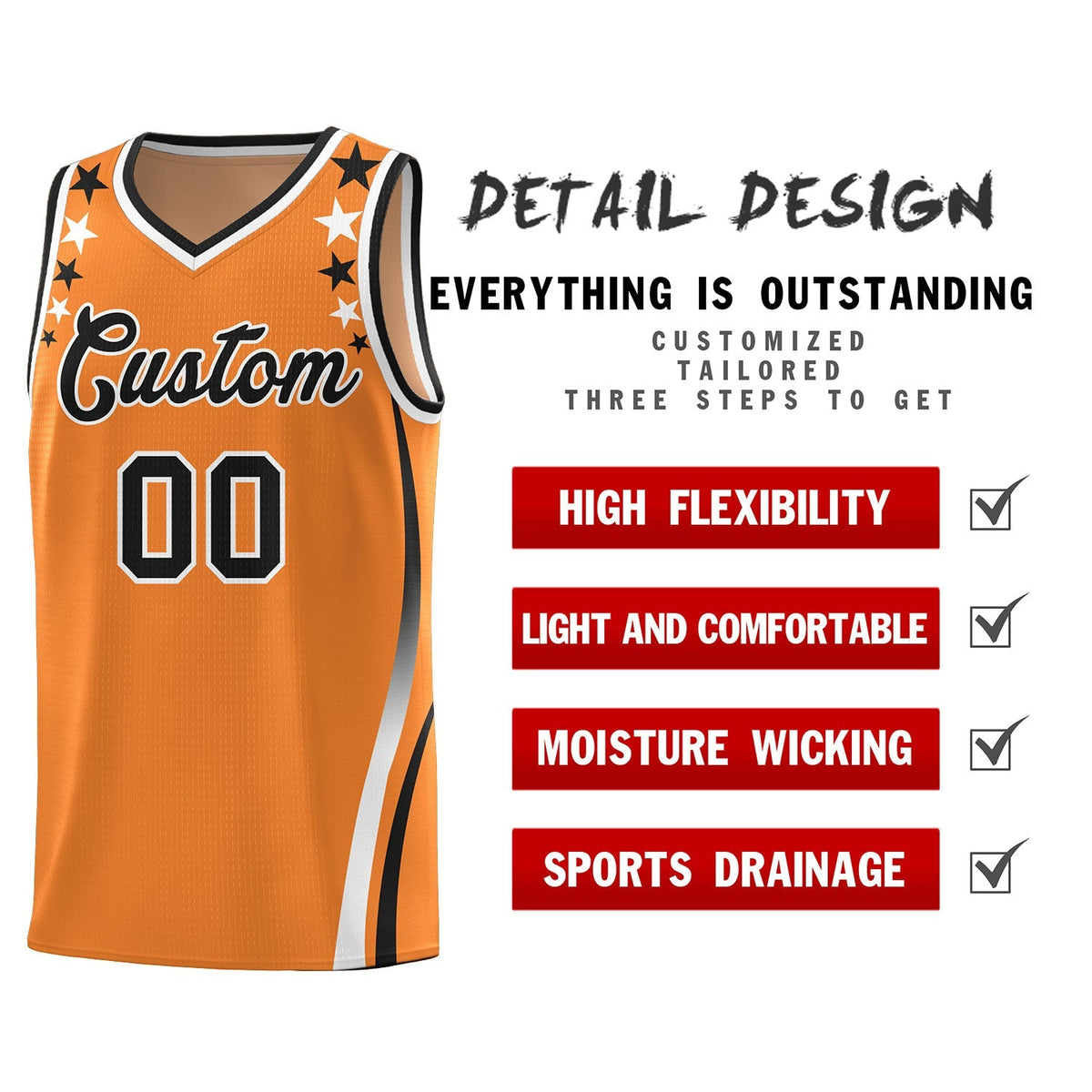 Custom Orange Shoulders Star Pattern Side Color Block Sports Uniform Basketball Kits