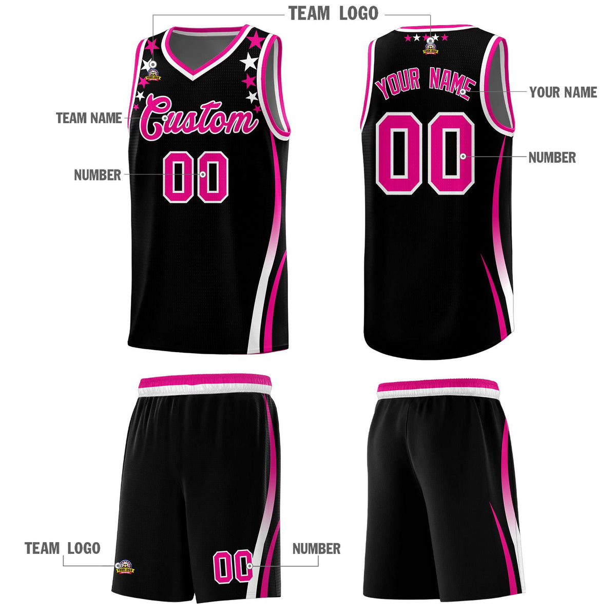 Custom Black Shoulders Star Pattern Side Color Block Sports Uniform Basketball Kits