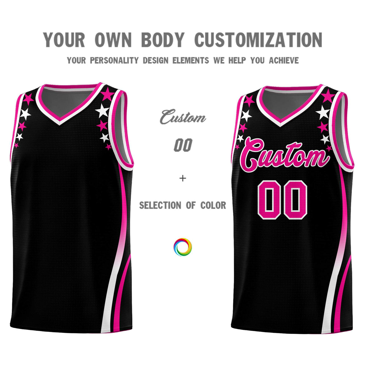 Custom Black Shoulders Star Pattern Side Color Block Sports Uniform Basketball Kits