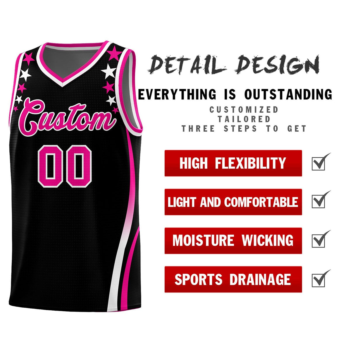 Custom Black Shoulders Star Pattern Side Color Block Sports Uniform Basketball Kits