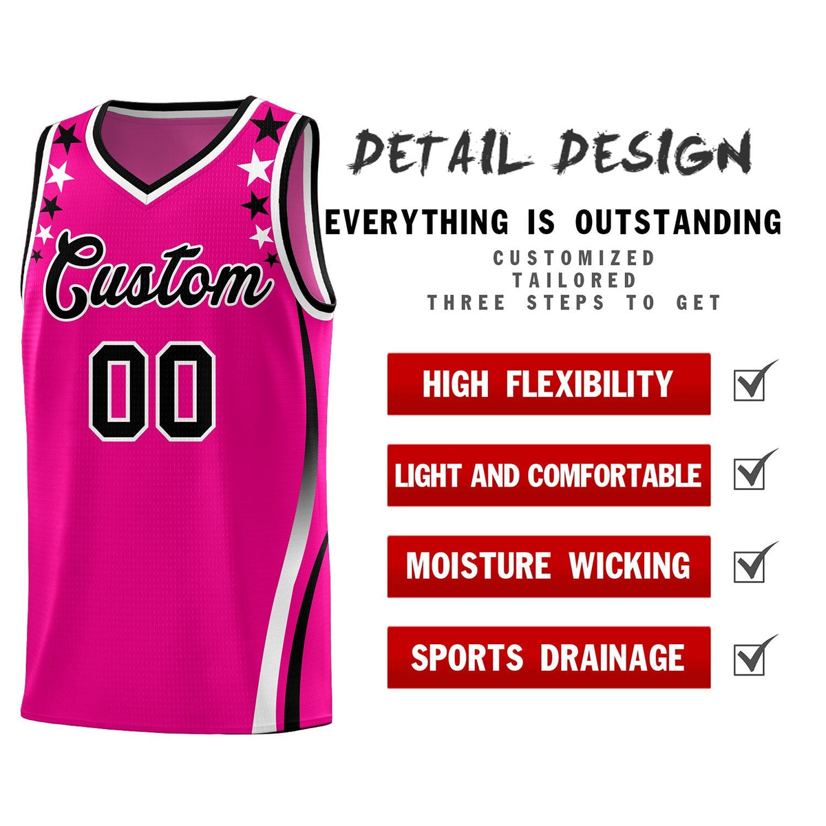 Custom Red Shoulders Star Pattern Side Color Block Sports Uniform Basketball Kits