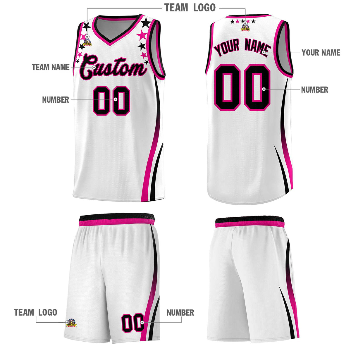 Custom White Shoulders Star Pattern Side Color Block Sports Uniform Basketball Kits
