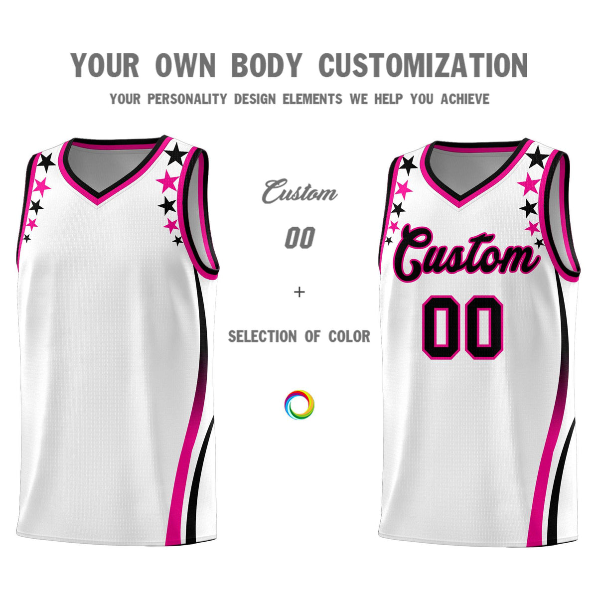 Custom White Shoulders Star Pattern Side Color Block Sports Uniform Basketball Kits