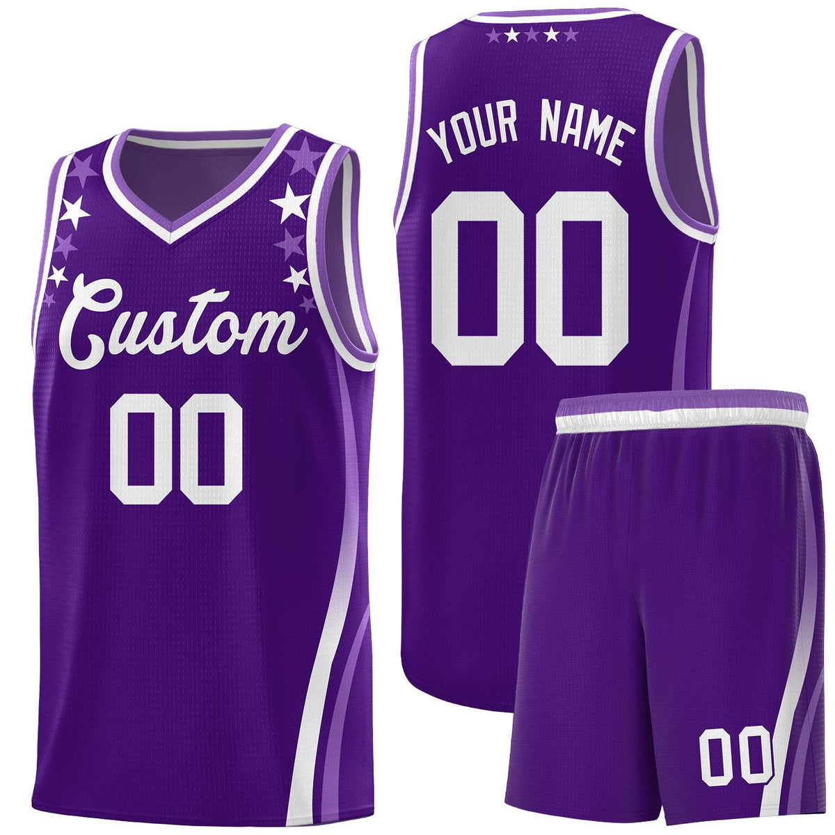 Custom Purple Shoulders Star Pattern Side Color Block Sports Uniform Basketball Kits