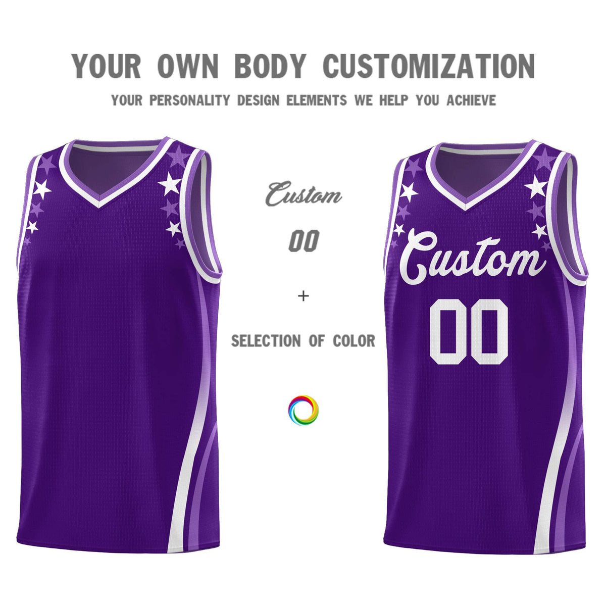 Custom Purple Shoulders Star Pattern Side Color Block Sports Uniform Basketball Kits