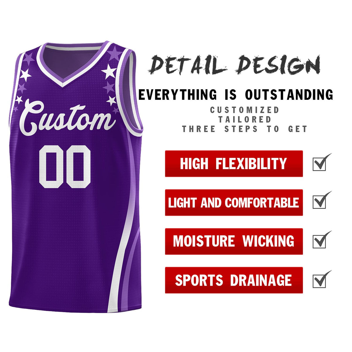 Custom Purple Shoulders Star Pattern Side Color Block Sports Uniform Basketball Kits