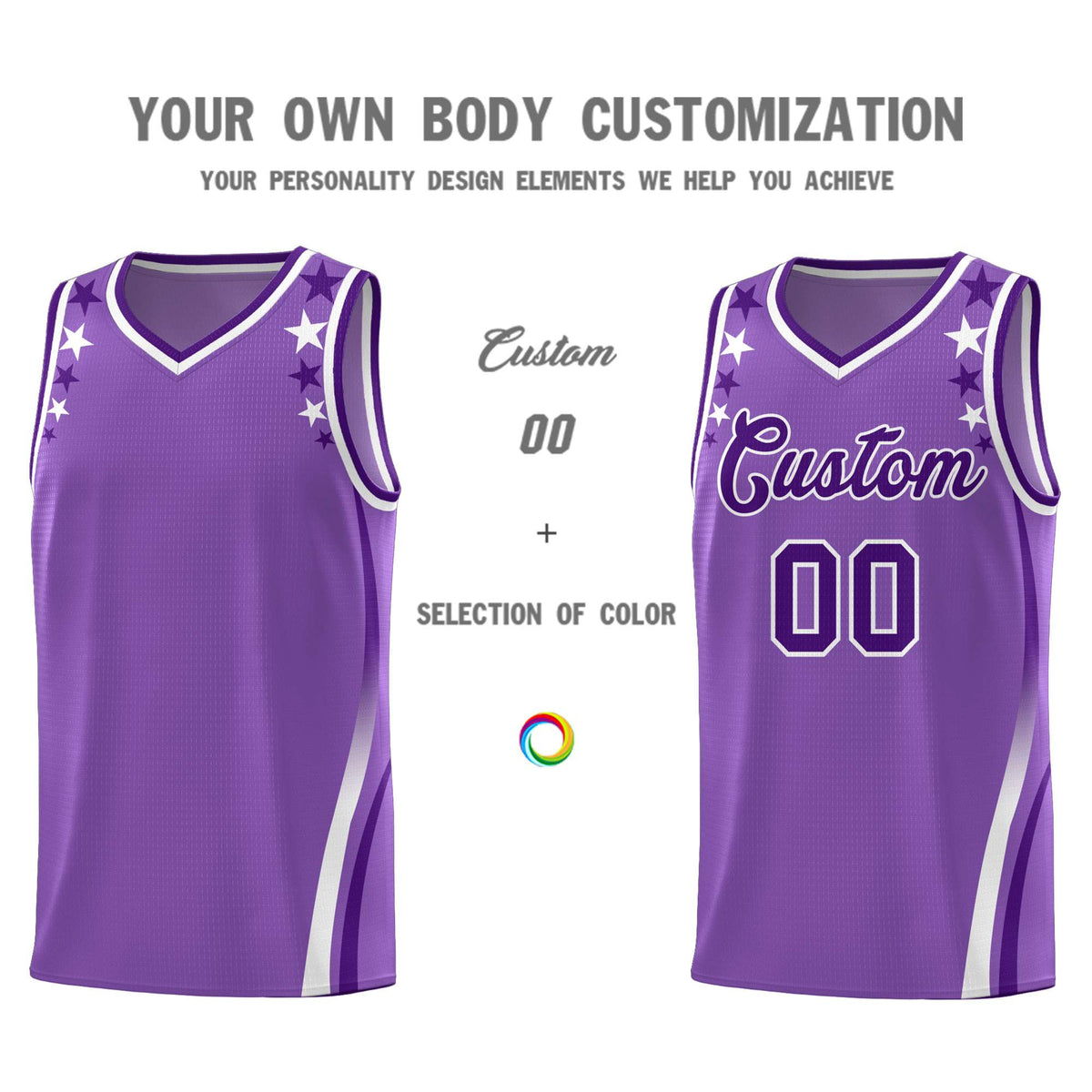 Custom Light Purple Shoulders Star Pattern Side Color Block Sports Uniform Basketball Kits