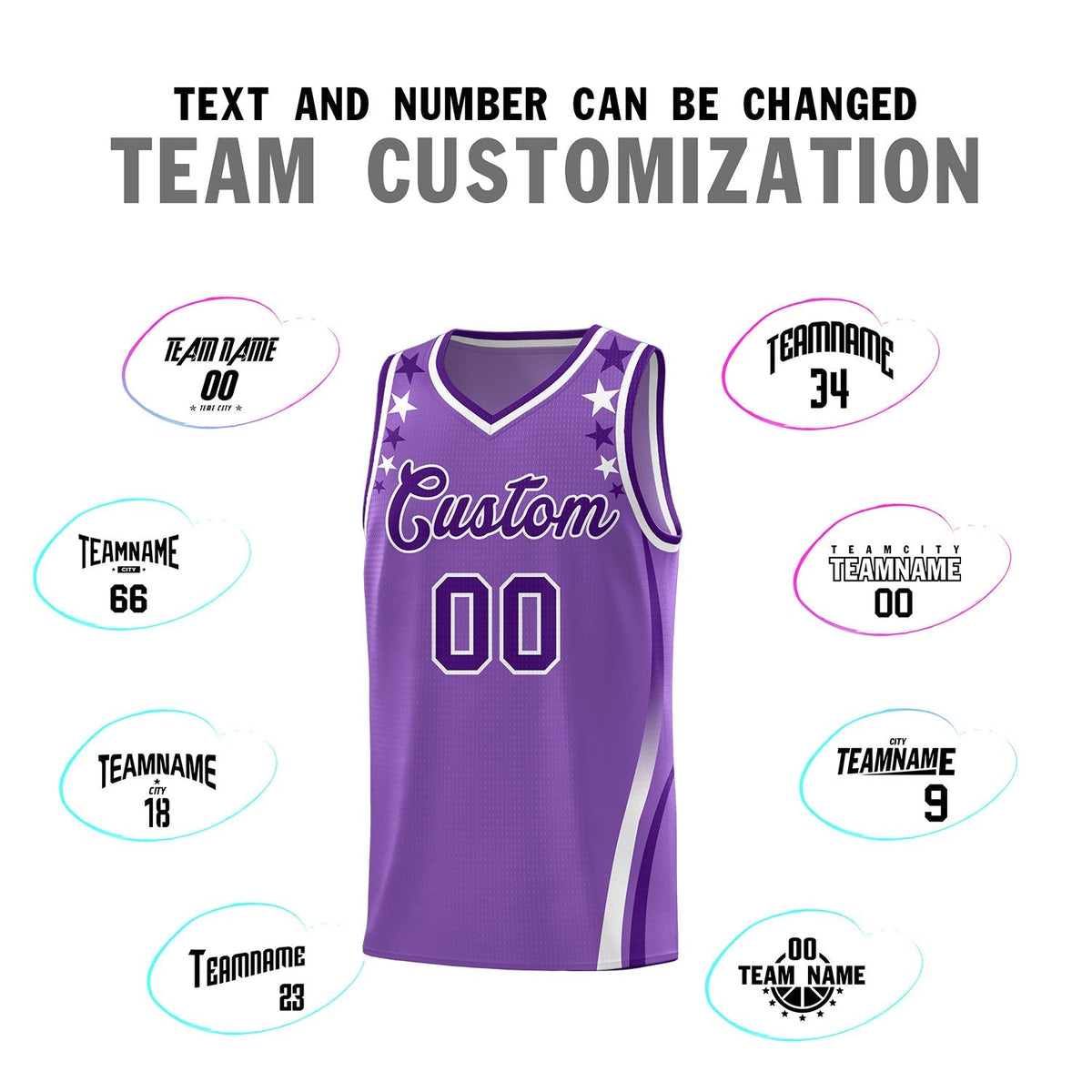 Custom Light Purple Shoulders Star Pattern Side Color Block Sports Uniform Basketball Kits