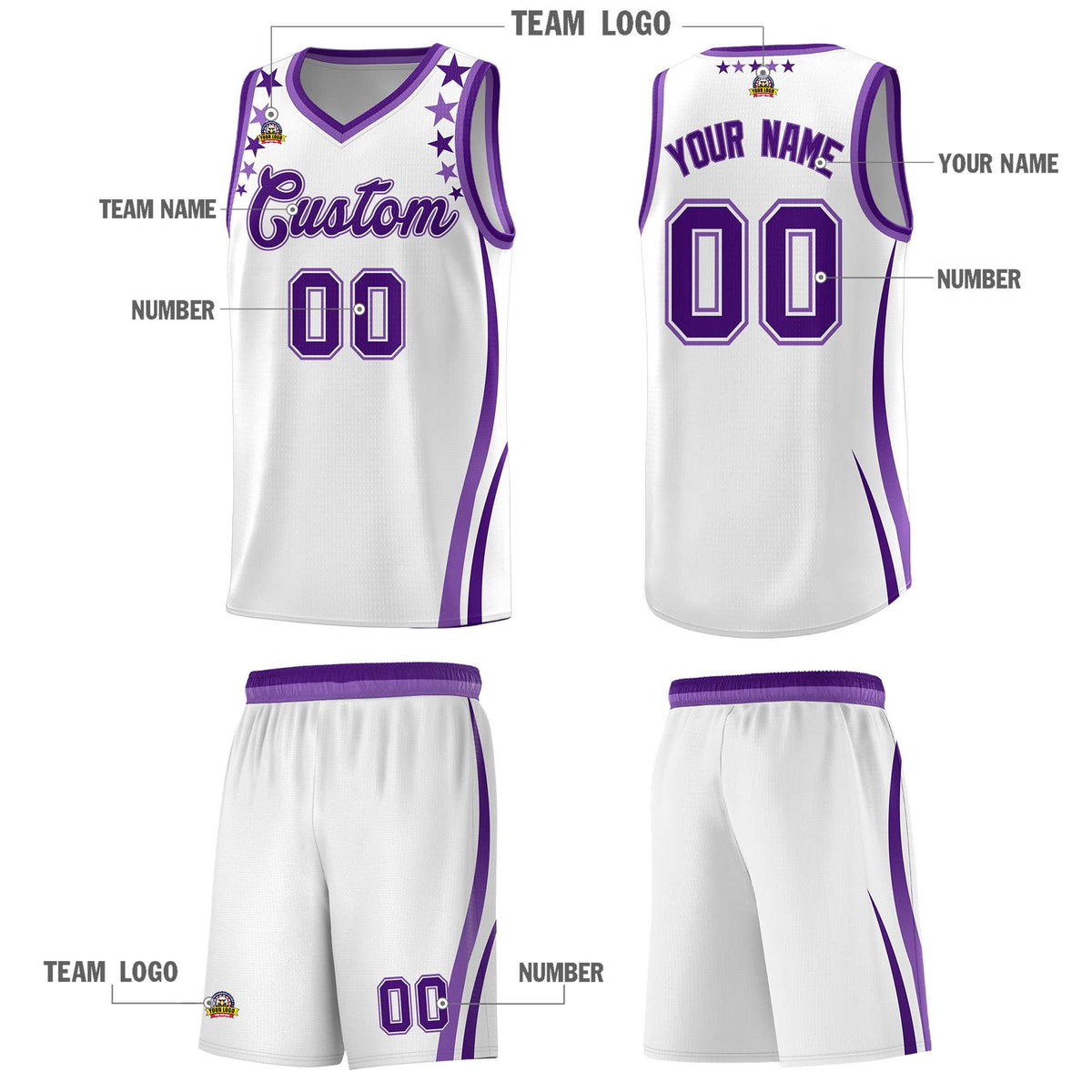 Custom White Shoulders Star Pattern Side Color Block Sports Uniform Basketball Kits