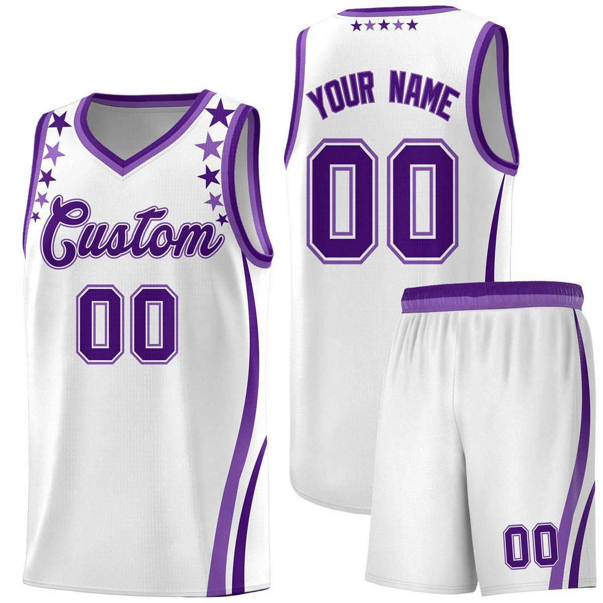 Custom White Shoulders Star Pattern Side Color Block Sports Uniform Basketball Kits