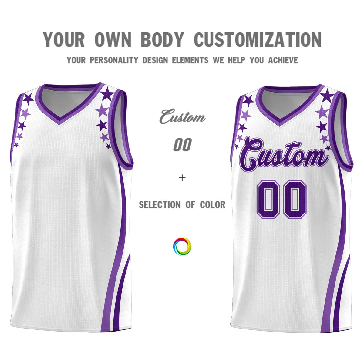 Custom White Shoulders Star Pattern Side Color Block Sports Uniform Basketball Kits