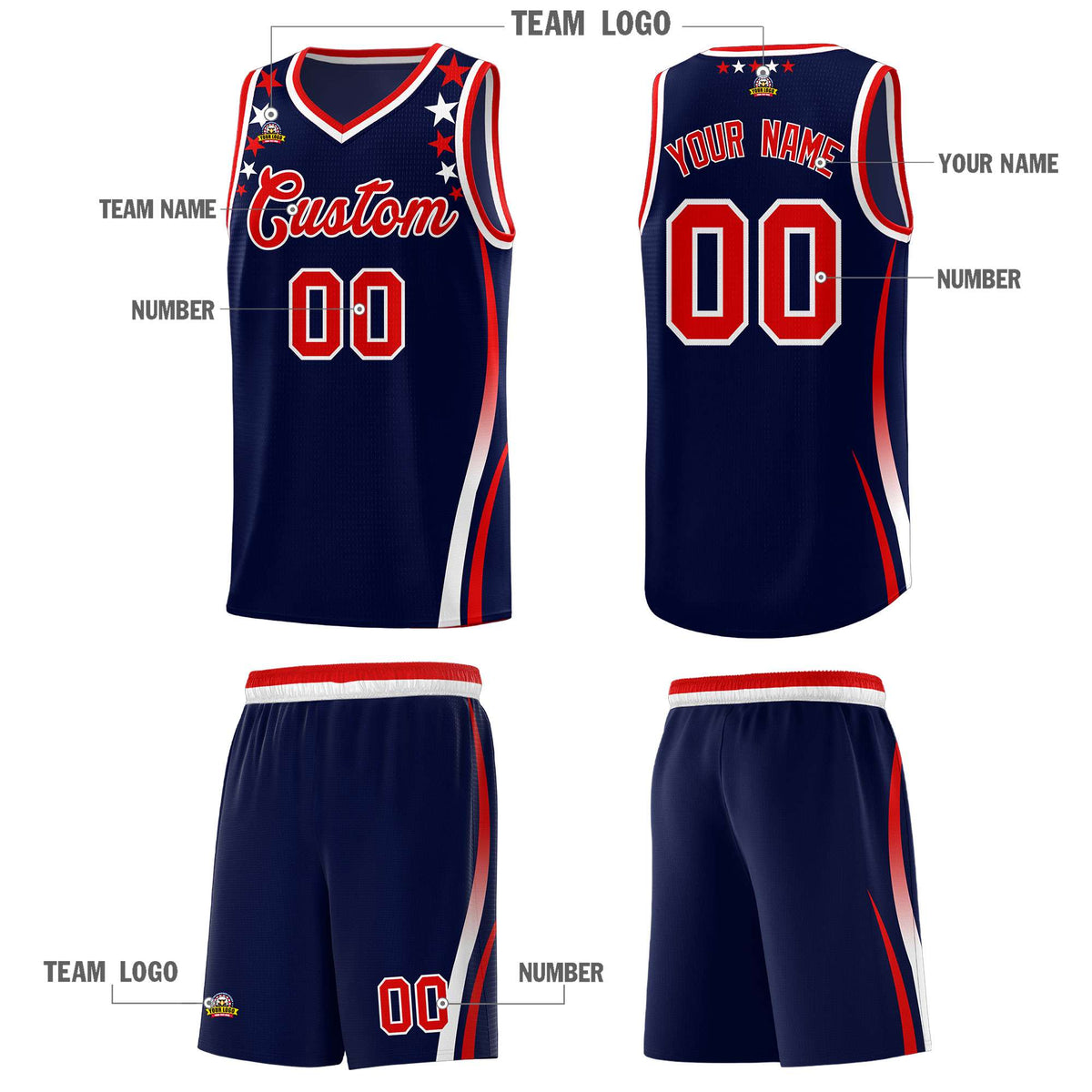 Custom Navy Shoulders Star Pattern Side Color Block Sports Uniform Basketball Kits