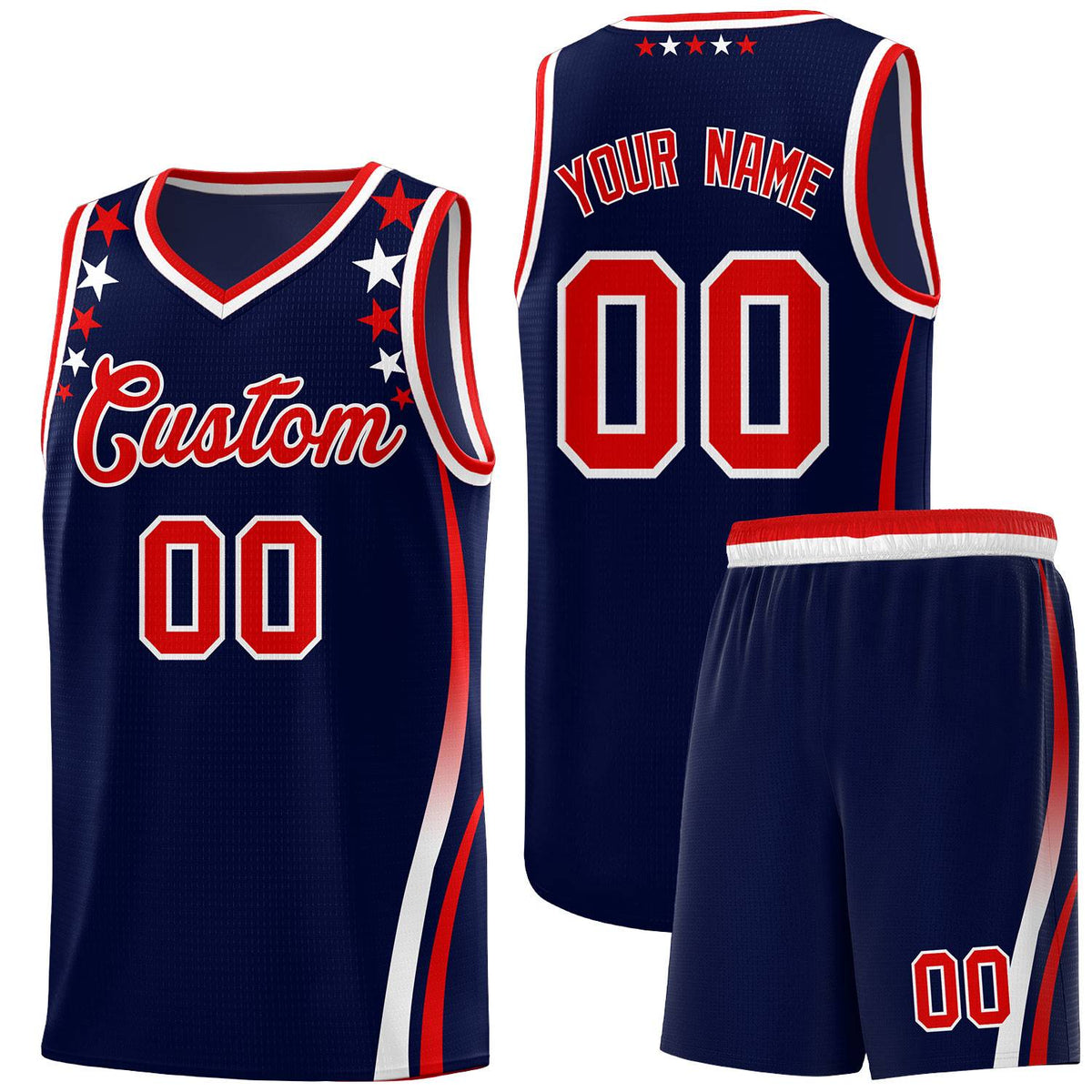 Custom Navy Shoulders Star Pattern Side Color Block Sports Uniform Basketball Kits
