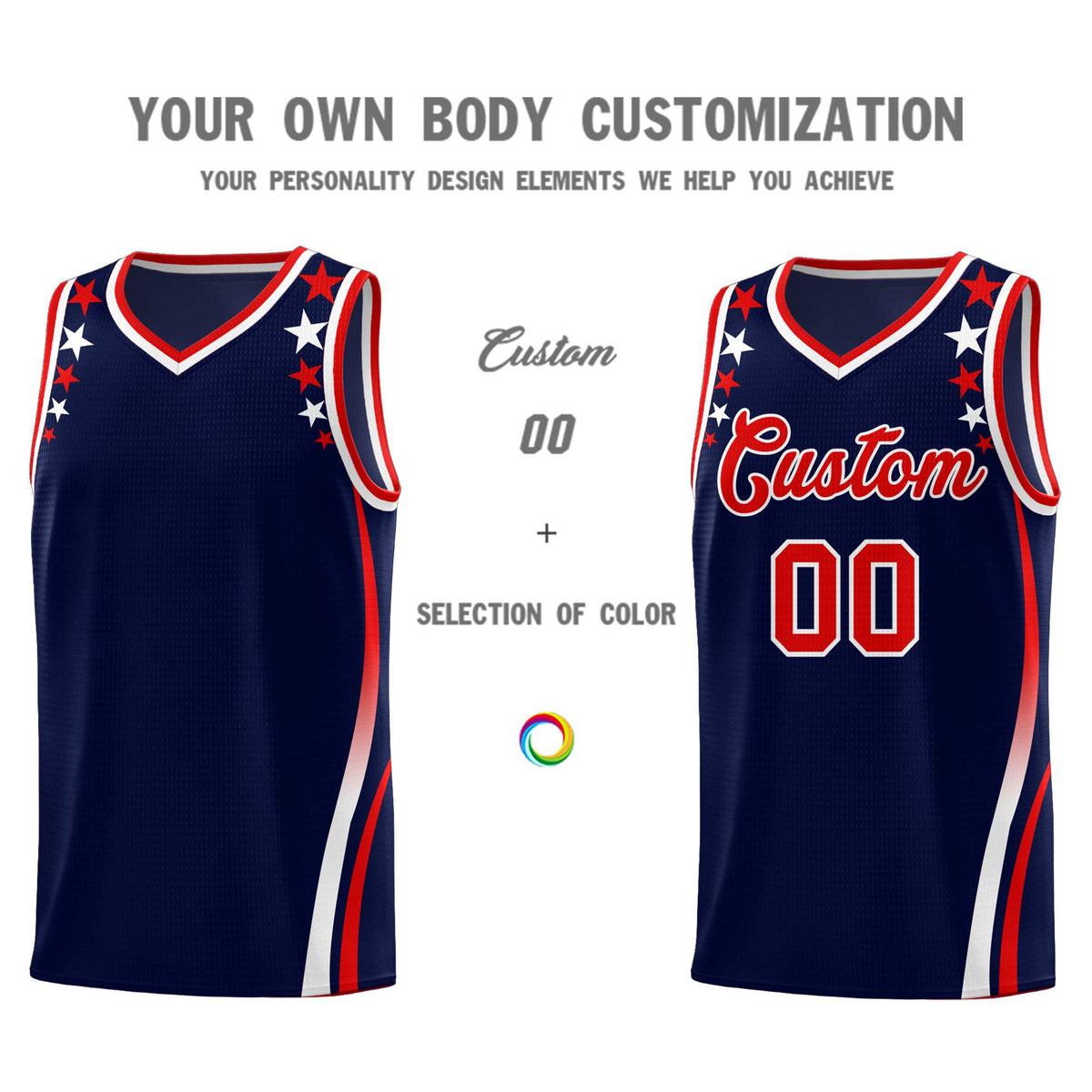 Custom Navy Shoulders Star Pattern Side Color Block Sports Uniform Basketball Kits