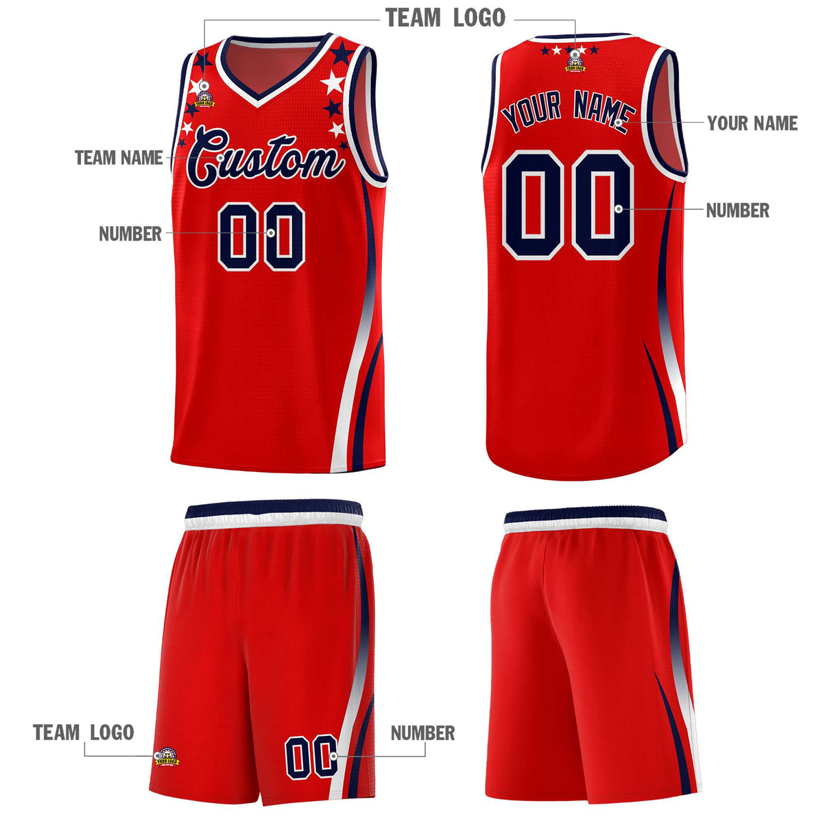 Custom Red Shoulders Star Pattern Side Color Block Sports Uniform Basketball Kits