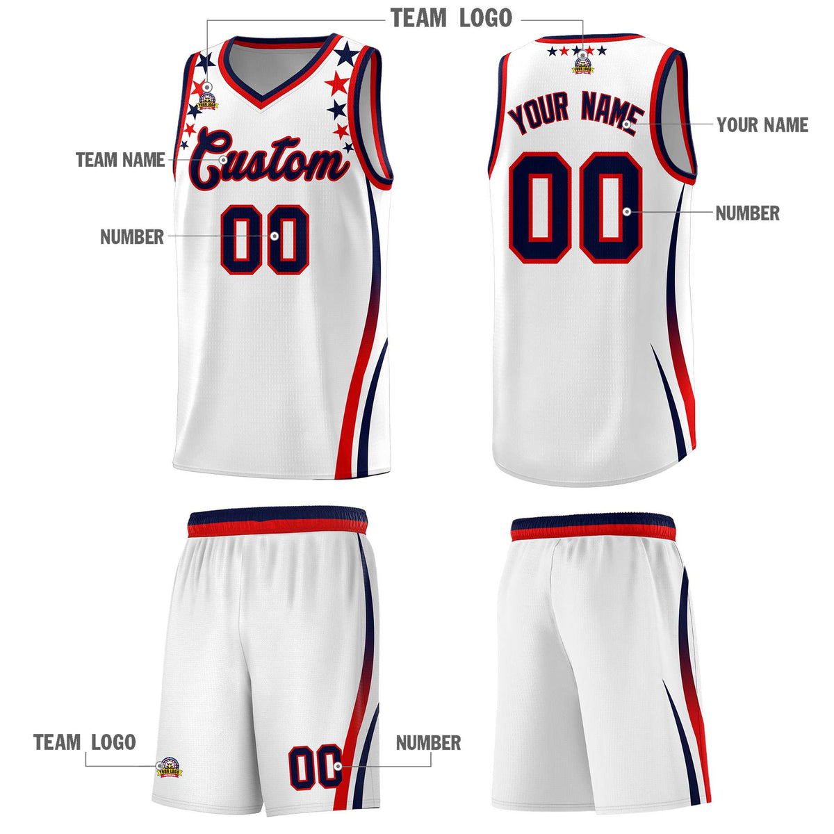 Custom White Shoulders Star Pattern Side Color Block Sports Uniform Basketball Kits