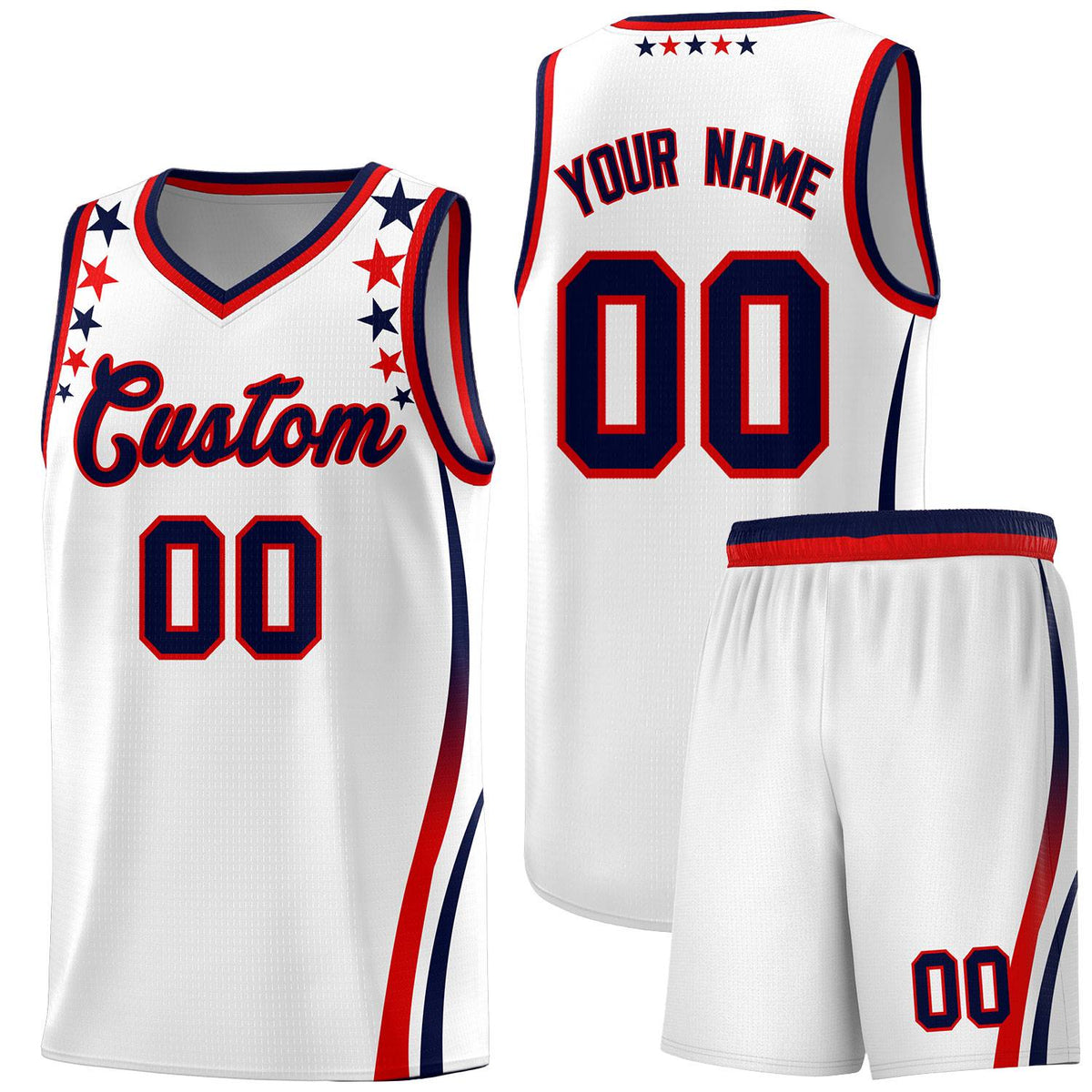 Custom White Shoulders Star Pattern Side Color Block Sports Uniform Basketball Kits