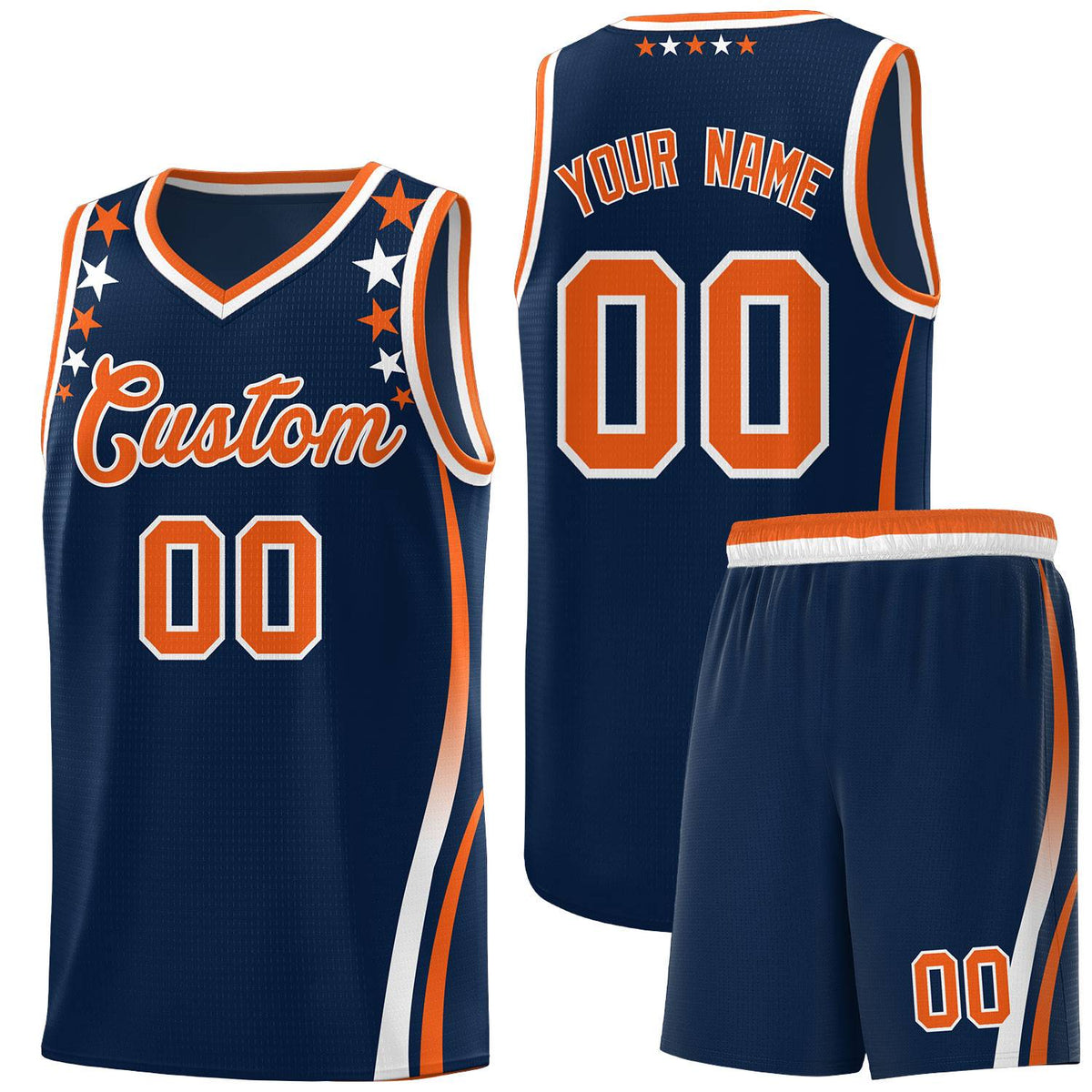 Custom Navy Shoulders Star Pattern Side Color Block Sports Uniform Basketball Kits