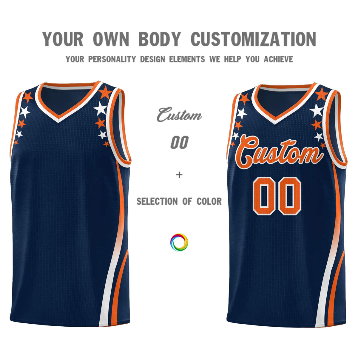 Custom Navy Shoulders Star Pattern Side Color Block Sports Uniform Basketball Kits
