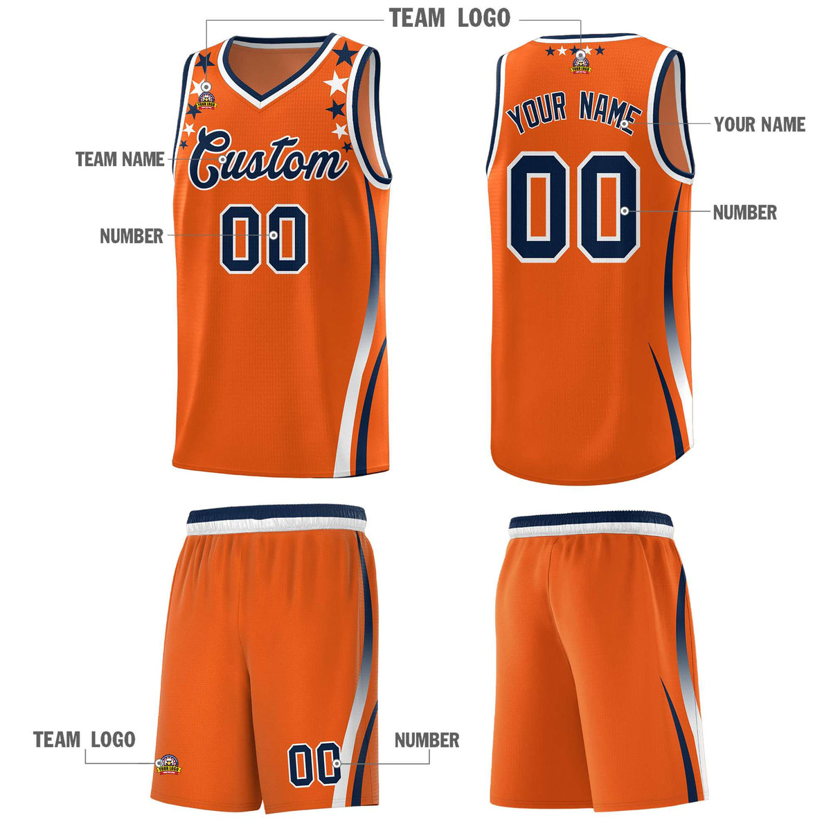 Custom Orange Shoulders Star Pattern Side Color Block Sports Uniform Basketball Kits