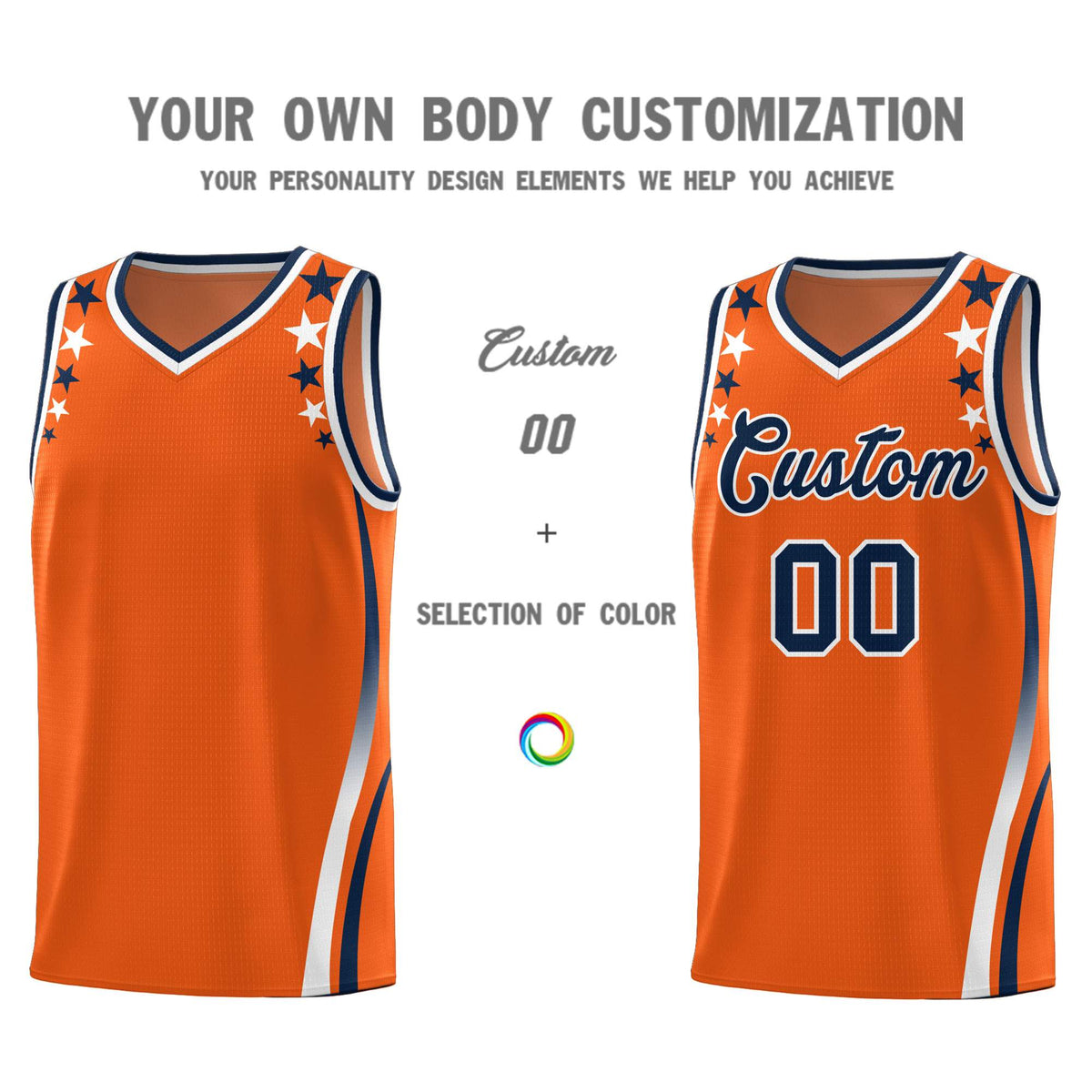 Custom Orange Shoulders Star Pattern Side Color Block Sports Uniform Basketball Kits