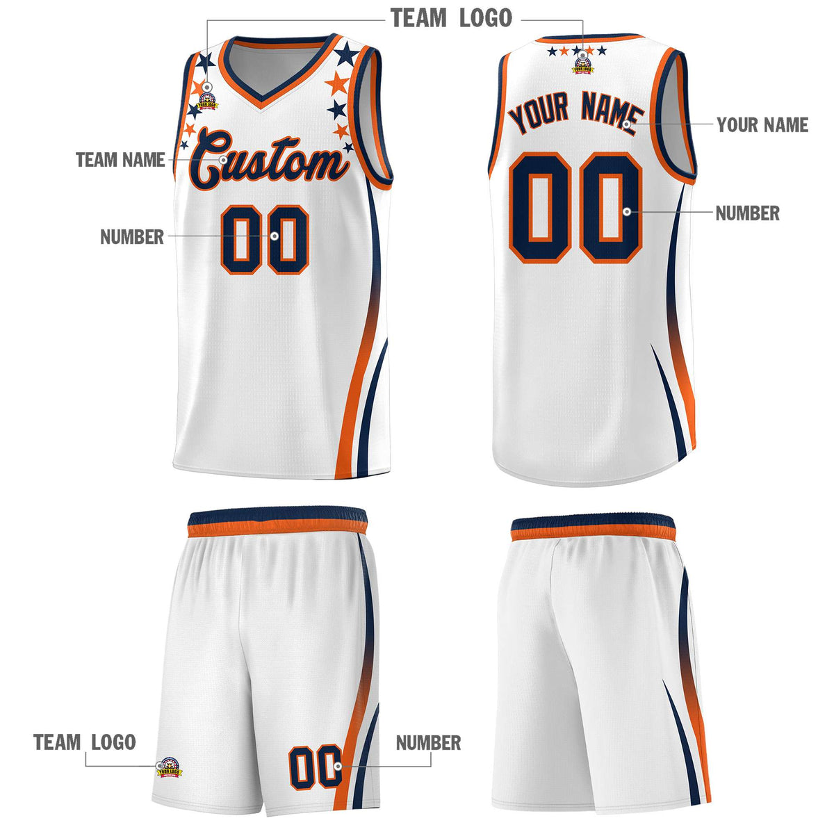 Custom White Shoulders Star Pattern Side Color Block Sports Uniform Basketball Kits
