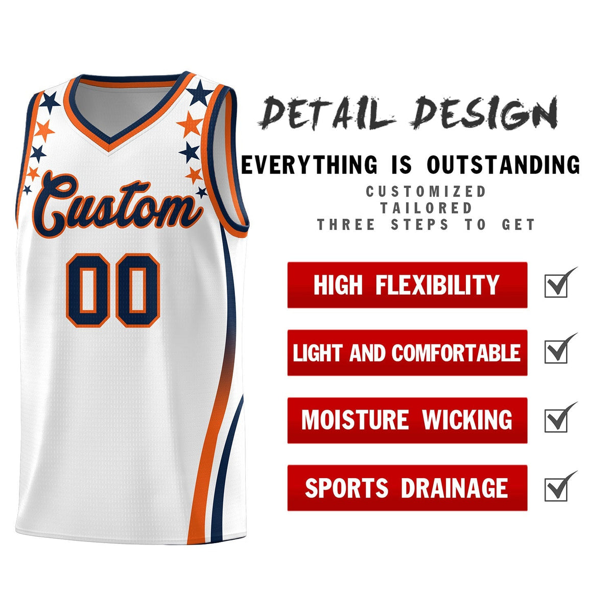 Custom White Shoulders Star Pattern Side Color Block Sports Uniform Basketball Kits