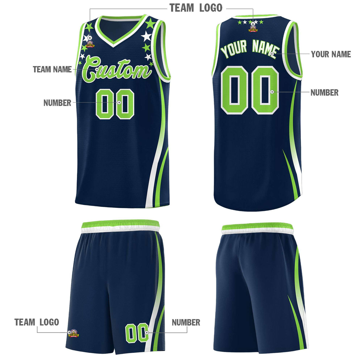 Custom Navy Shoulders Star Pattern Side Color Block Sports Uniform Basketball Kits
