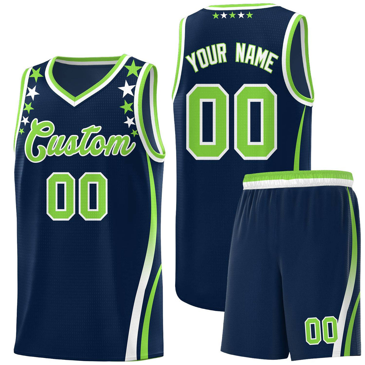 Custom Navy Shoulders Star Pattern Side Color Block Sports Uniform Basketball Kits