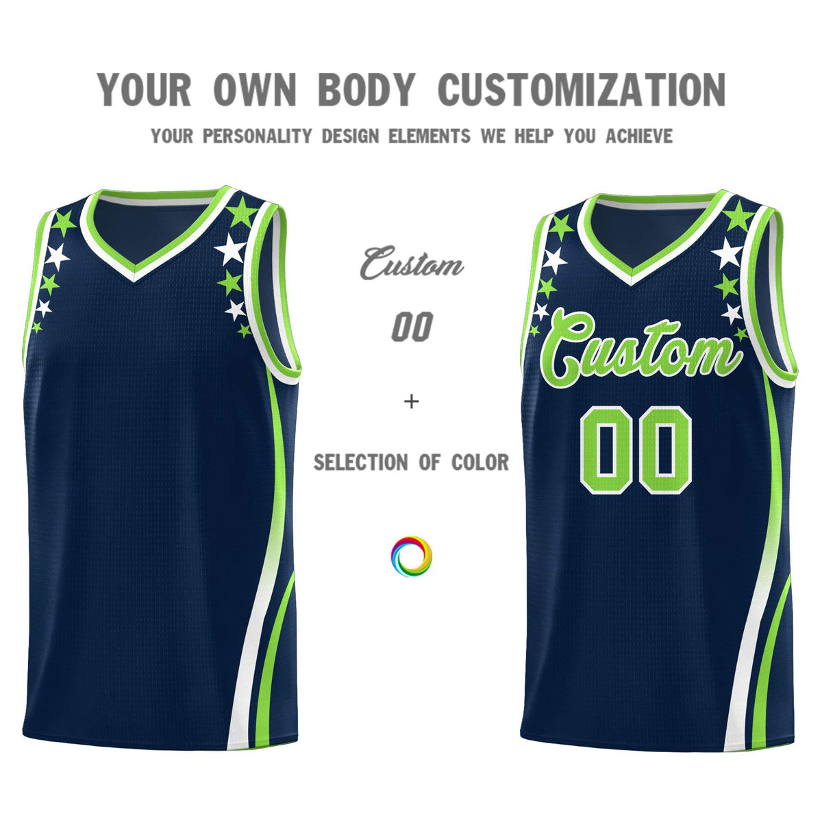 Custom Navy Shoulders Star Pattern Side Color Block Sports Uniform Basketball Kits