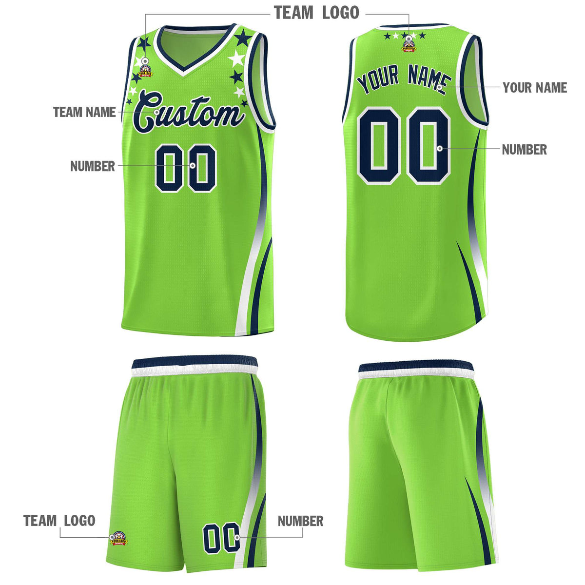 Custom Neon Green Shoulders Star Pattern Side Color Block Sports Uniform Basketball Kits
